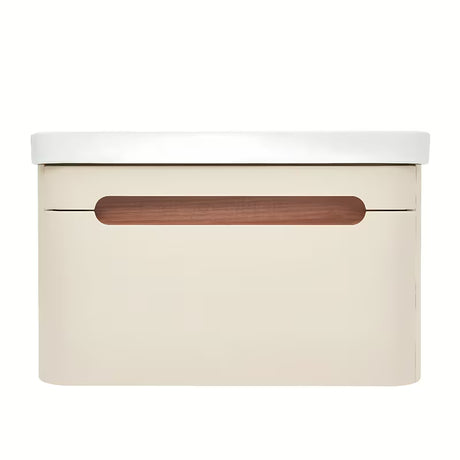 Viseča omarica z umivalnikom SAT Fusion u mat pješčano bež boji z vtičnico i s bijelim sjajnim umivaonikom.