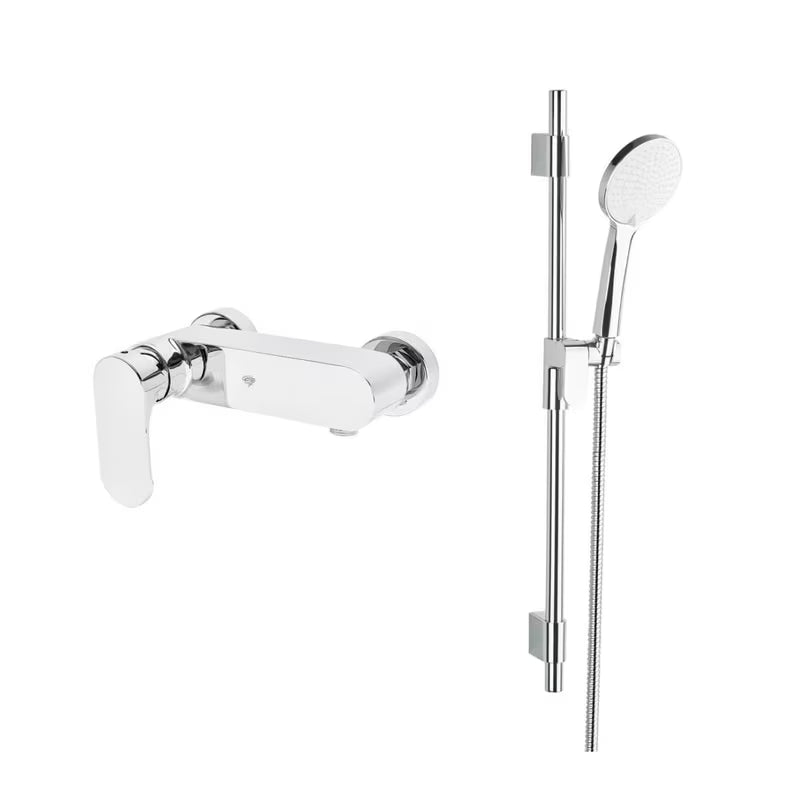 Kromirana armatura za tuš SAT Fusion s ručicom i tuš setom pro za zidnu montažu.
