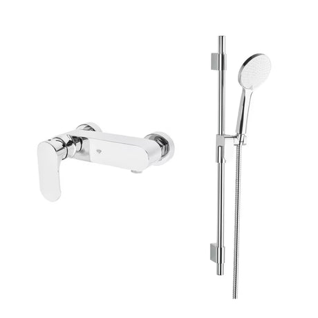 Kromirana armatura za tuš SAT Fusion s ručicom i tuš setom pro za zidnu montažu.