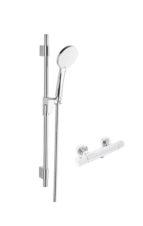 Termostatska armatura za tuš SAT Fusion u krom izvedbi s tuš setom pro za sigurno i udobno tuširanje.