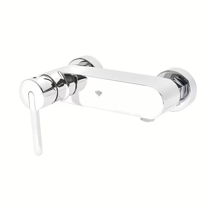 Kromirana enoročna armatura za tuš SAT Fusion s crnom upravljačkom ručicom pro za zidnu ugradnju.