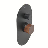 Podometna enoročna armatura za tuš SAT Fusion s mat površinom i ručicom u dekoru tamnog drva.