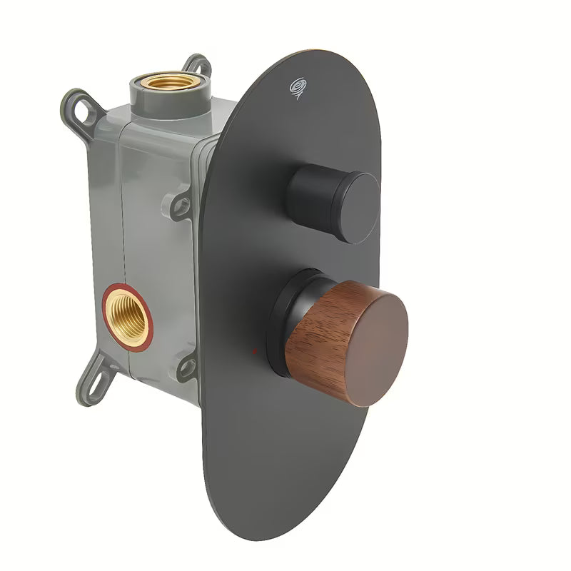 Podometna enoročna armatura za tuš SAT Fusion s mat površinom i ručicom u dekoru tamnog drva.