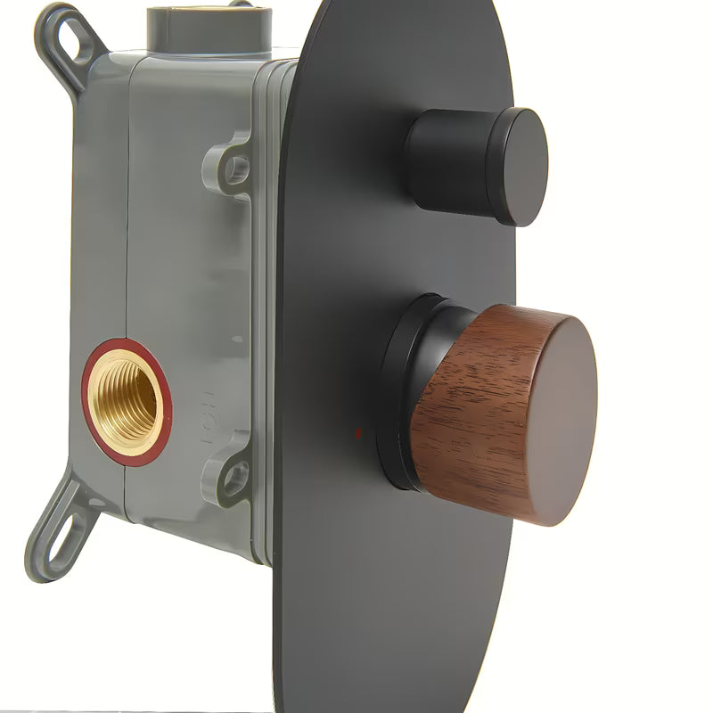 Podometna enoročna armatura za tuš SAT Fusion s mat površinom i ručicom u dekoru tamnog drva.