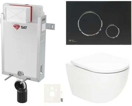 Viseči WC set SAT Fusion s vrtložnim ispiranjem, tipkom u mat crnoj boji i sjedalom od duroplasta