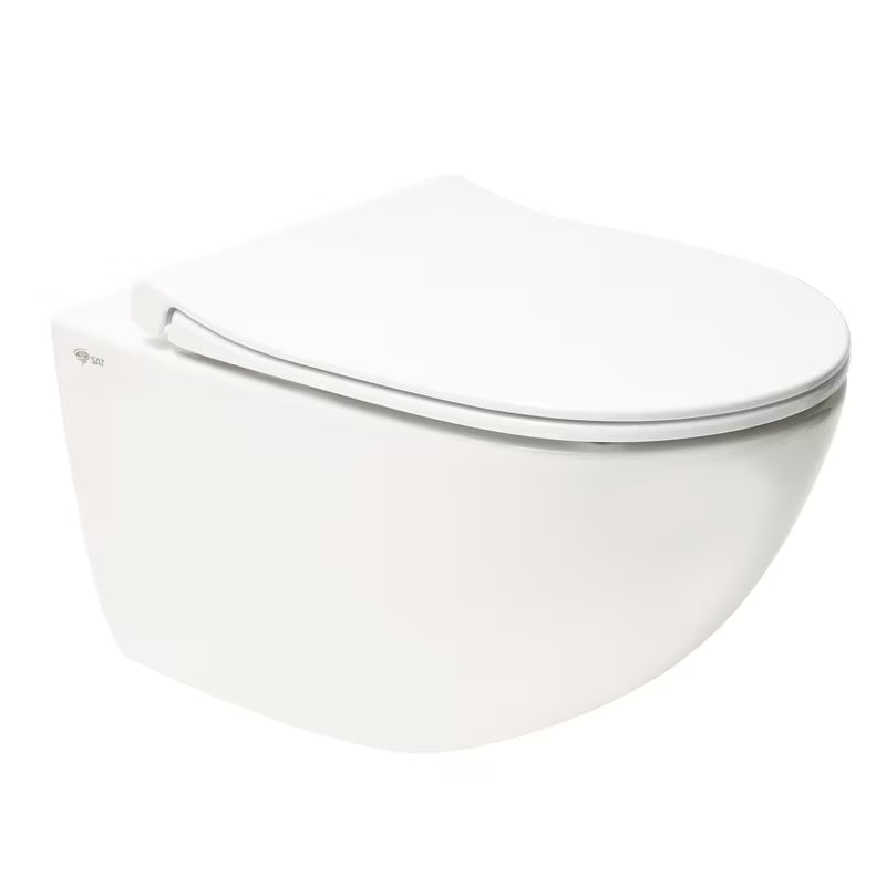 Belo viseča WC školjka SAT Infinitio z brezrobim splakovanjem Rim-Ex in sedežem s mehko Zapiranje Soft Close.