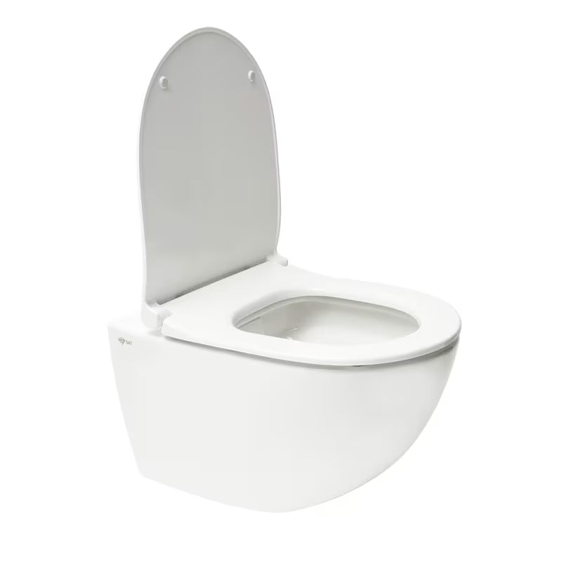Belo viseča WC školjka SAT Infinitio z brezrobim splakovanjem Rim-Ex in sedežem s mehko Zapiranje Soft Close.