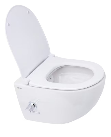 Bel viseča WC školjka SAT Infinitio z integrirano bide funkcijo, stranskim upravljanjem in sedežem mehko Zapiranje Soft Close.