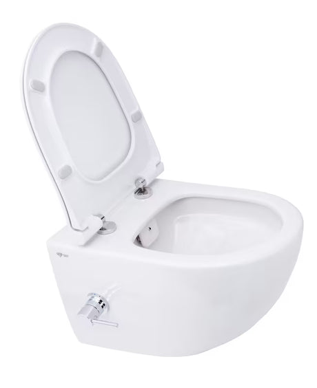 Bel viseča WC školjka SAT Infinitio z integrirano bide funkcijo, stranskim upravljanjem in sedežem mehko Zapiranje Soft Close.