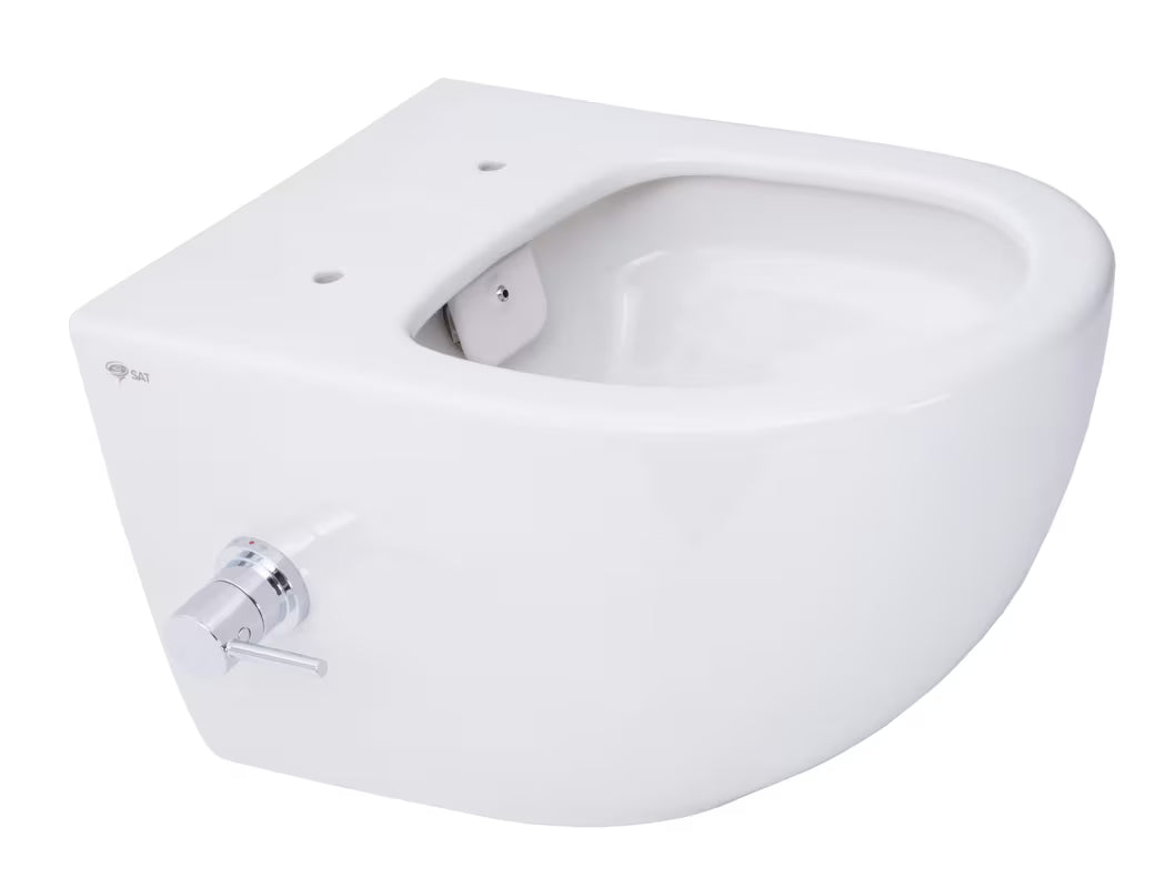 Bel viseča WC školjka SAT Infinitio z integrirano bide funkcijo, stranskim upravljanjem in sedežem mehko Zapiranje Soft Close.