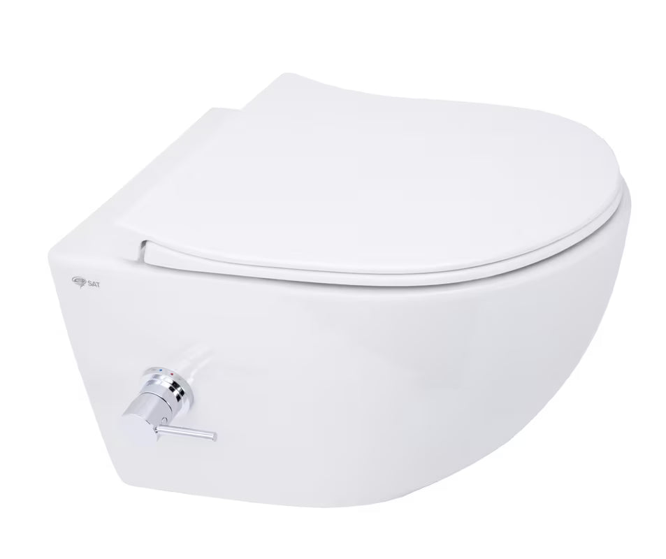 Viseča WC Školjka SAT Infinitio z integriranim bidejem, brezrobim Rim-Ex in sedežem mehko Zapiranje Soft Close v beli barvi