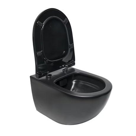 Viseča WC Školjka SAT Infinitio v mat črni barvi z brezrobim splakovanjem Rim-Ex in sedežem mehko Zapiranje Soft Close
