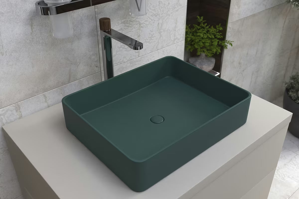 SAT Infinitio keramični umivalnik na ploščo 50x40 cm v temno zeleni mat barvi brez preliva.