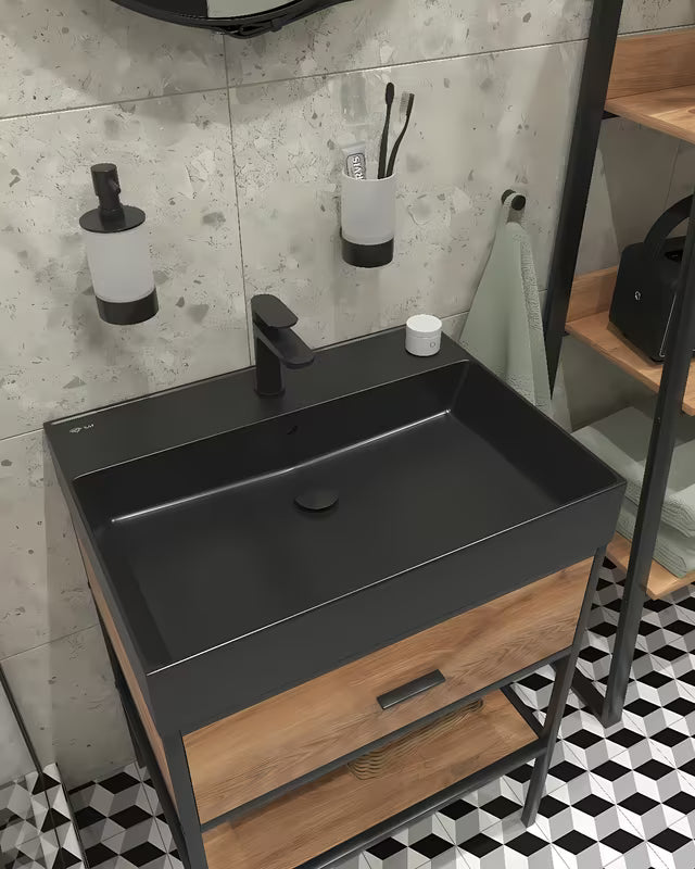 Črni mat keramični umivalnik SAT Infinitio 60,5 x 46,5 cm s prelivom