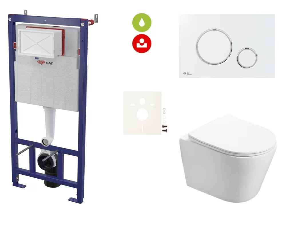 Viseči WC set SAT Infinitio s podometnim modulom za suhomontažne stene in tipko za splakovanje
