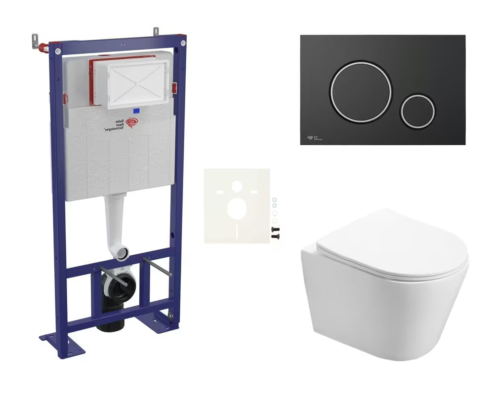 Viseči WC set SAT Infinitio s podometnim modulom za suhomontažno steno, črno mat tipko in sedežem mehko Zapiranje Soft Close