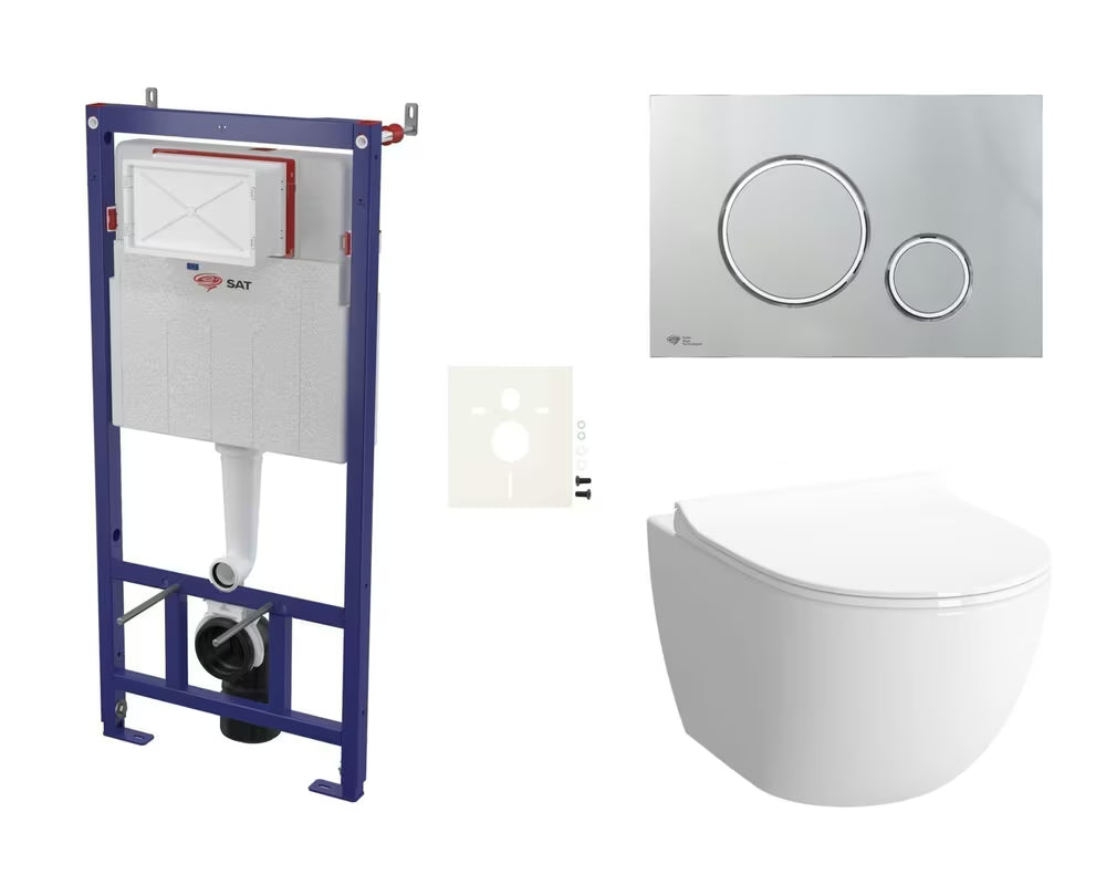 Viseči WC set SAT Infinitio pro za predstensko montažo z modulom, tipko, zvočno izolacijo in sedežem mehko Zapiranje Soft Close