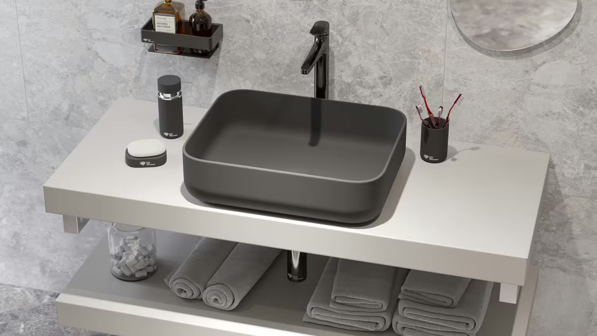 Mat crni keramički umivalnik na ploščo SAT Infinitio brez preliva, 50x39 cm