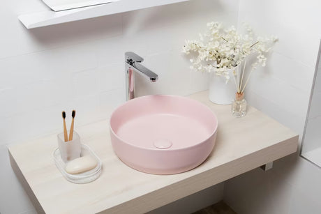 Mat ružičasti tankostijeni keramički umivalnik na ploščo SAT Infinitio 39x39 cm brez preliva