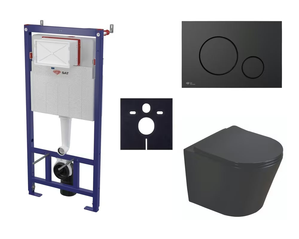 Viseči WC set SAT Infinitio s predzidnim modulom, crnom tipkom za ispiranje i sjedalom mehko Zapiranje Soft Close