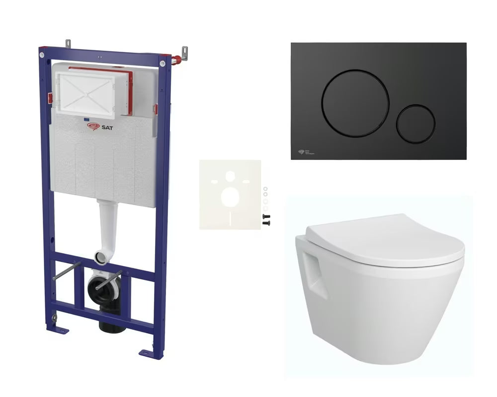 Viseči WC set vitra Integra s splakovalnikom SAT, duroplastno WC desko in tipko v črni mat izvedbi
