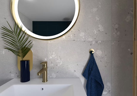 Okruglo LED ogledalo SAT u zlatnoj boji, promjera 60 cm, s senzorjem i sa zaštitom IP44.