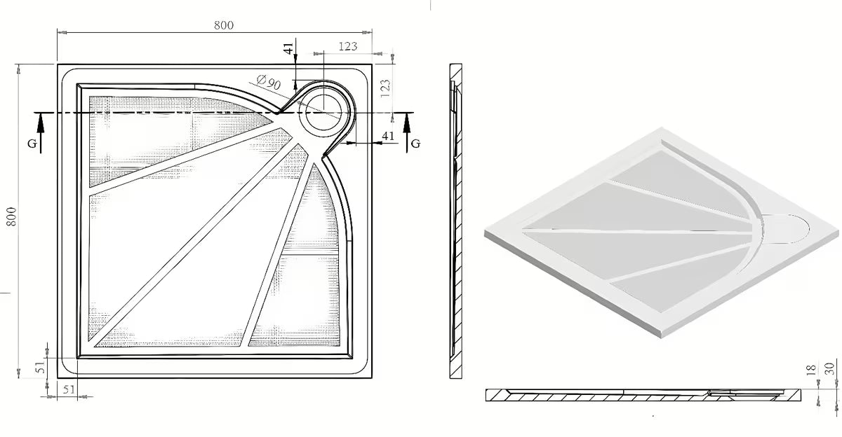 Bela kvadratna tuš kad SAT Limcc 80x80 cm iz litega marmorja s pokritim kotnim odtokom