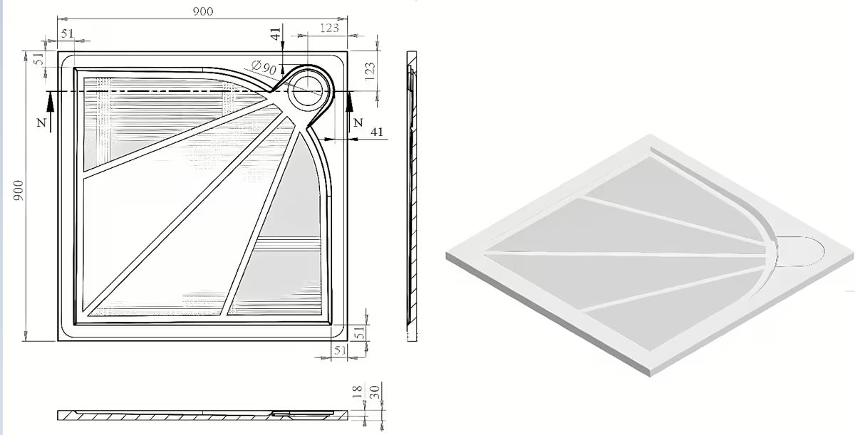 Bijela kvadratna tuš kad SAT Limcc 90x90 cm od lijevanog mramora s pokrivenim kutnim odvodom