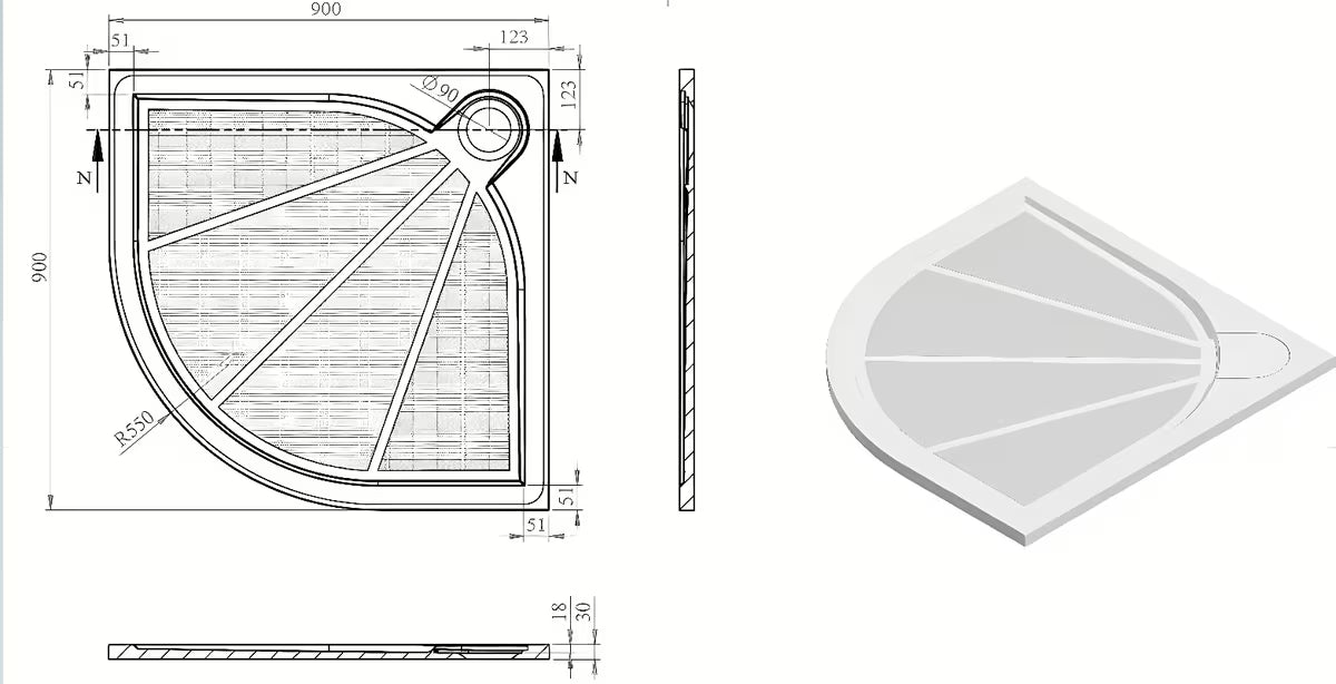 Bijela polkrožna tuš kad SAT Limcc 90x90 cm od lijevanog mramora s pokrivenim kutnim odvodom