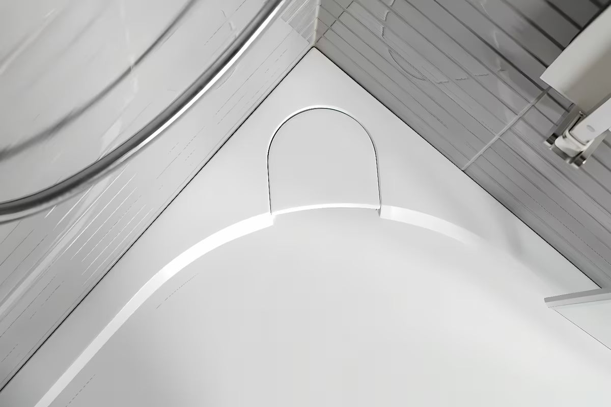 Bijela pravokotna tuš kad SAT Limcc 100x80 cm od lijevanog mramora s protukliznim dnom i pokrivenim kutnim odvodom.