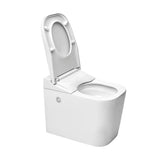 Stoječa WC Školjka SAT optimflush v beli barvi z integriranim splakovalnikom in stranskim pnevmatskim gumbom za splakovanje.