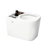 Stoječa WC Školjka SAT optimflush v beli barvi z integriranim splakovalnikom in stranskim pnevmatskim gumbom za splakovanje.