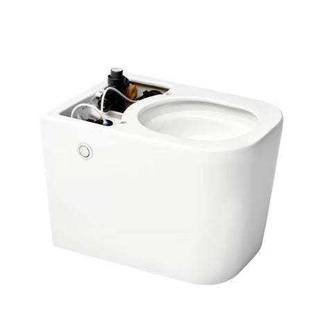 Stoječa WC Školjka SAT optimflush v beli barvi z integriranim splakovalnikom in stranskim pnevmatskim gumbom za splakovanje.