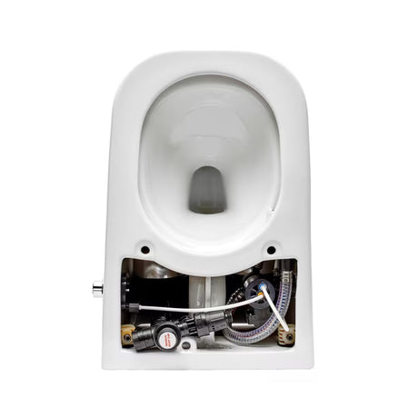 Stoječa WC Školjka SAT optimflush v beli barvi z integriranim splakovalnikom in stranskim pnevmatskim gumbom za splakovanje.