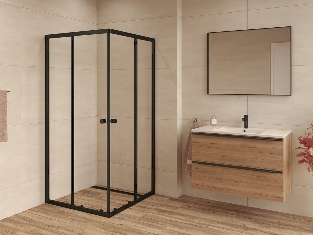 Kvadratni drsni tuš kabina SAT Project 90x90 cm s črnimi profili in prozornim steklom