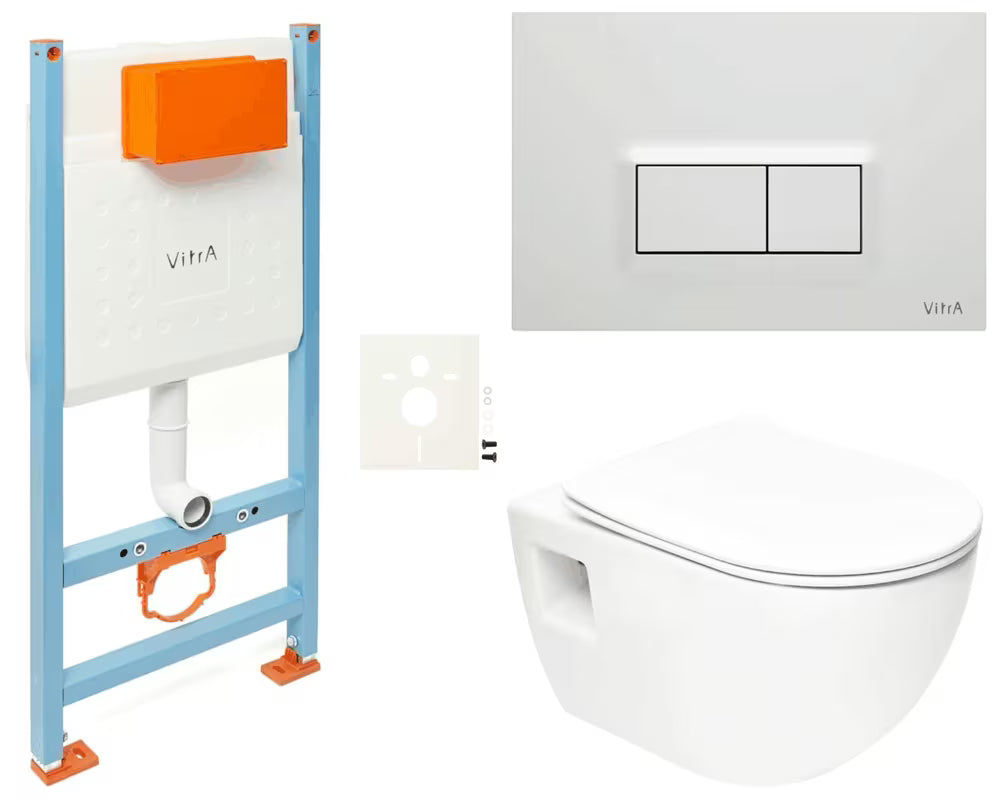 Viseči WC set SAT Project z modulom V-Fix, splakovalnikom Vitra, tipko Loop Ra in sedežem mehko Zapiranje Soft Close.