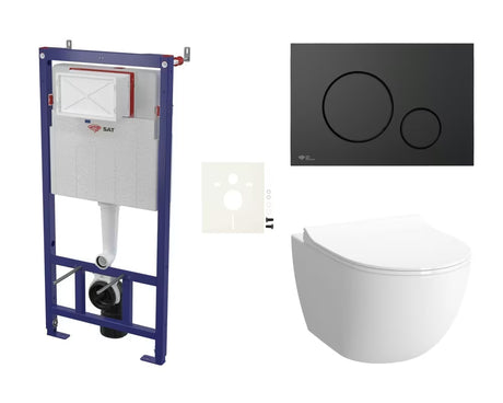 Viseči WC set vitra Sento v beli barvi s skritim pritrjevanjem in splakovalno tipko v mat zlati izvedbi.