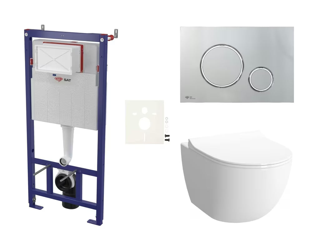 Viseči WC set vitra Sento s podometnim splakovalnikom in sedežem pro za vgradnjo v lahke stene ali predstensko oblogo.