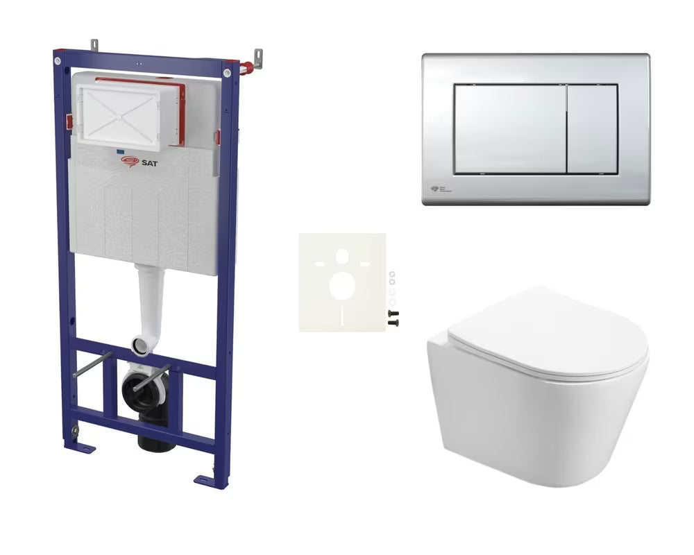 Viseči WC set SAT Infinitio s predstenskim modulom, črno splakovalno tipko in sedežem mehko Zapiranje Soft Close
