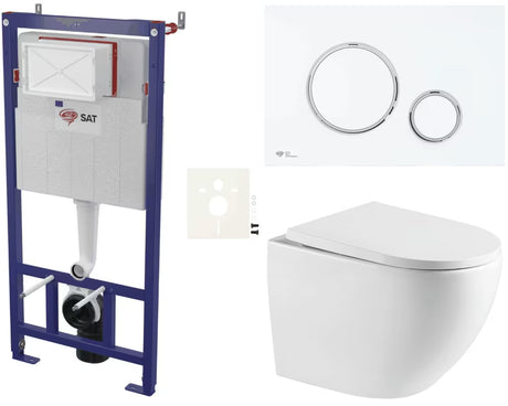Viseči WC set SAT s podometnim modulom, varčnim splakovanjem in belim mat tipkalom.