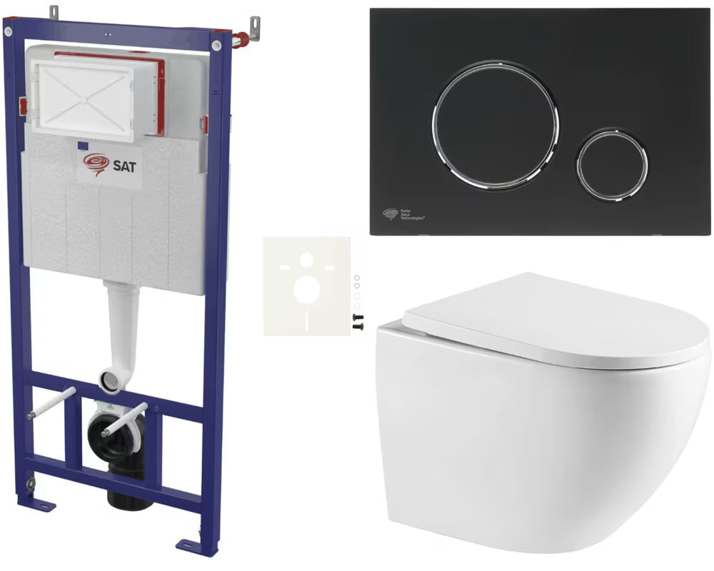 Viseči WC set SAT pro predstensko instalacijo z gumbom v črni mat barvi in sedežem z mehko Zapiranje Soft Close.