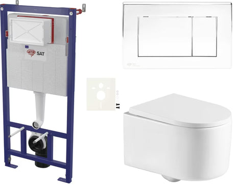 Viseči WC set SAT z modulom za suhomontažne stene, splakovalnikom, tipko za splakovanje v sijajnem kromu in sedežem mehko Zapiranje Soft Close.