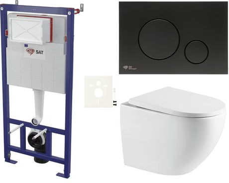 Viseči WC set SAT Fusion s skritim pritrjevanjem in črno mat upravljalno tipko