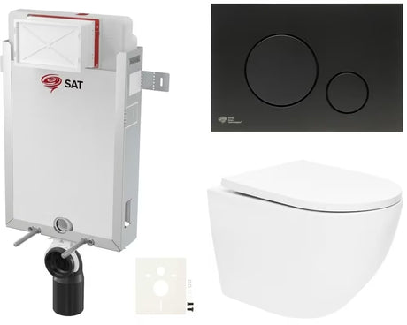 Viseči WC set SAT Fusion z vrtinčnim splakovanjem, vgradnim modulom, splakovalnikom in tipko za splakovanje v mat črni barvi