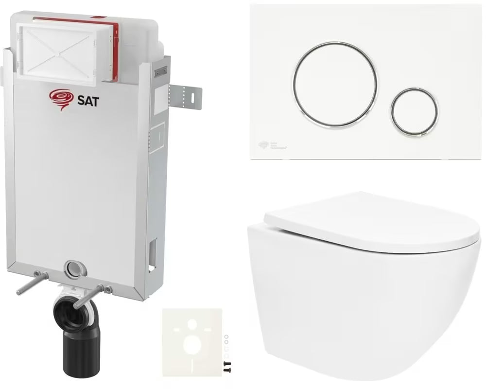 Viseči WC set SAT Fusion z vrtinčnim splakovanjem, vgradnim modulom, splakovalnikom, belo tipko za splakovanje in WC-desko
