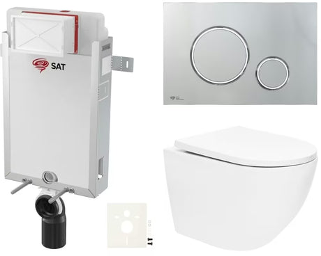 Viseči WC set SAT Fusion z vrtinčnim splakovanjem, vgradnim modulom, splakovalnikom in tipko za splakovanje v sijajnem kromu.