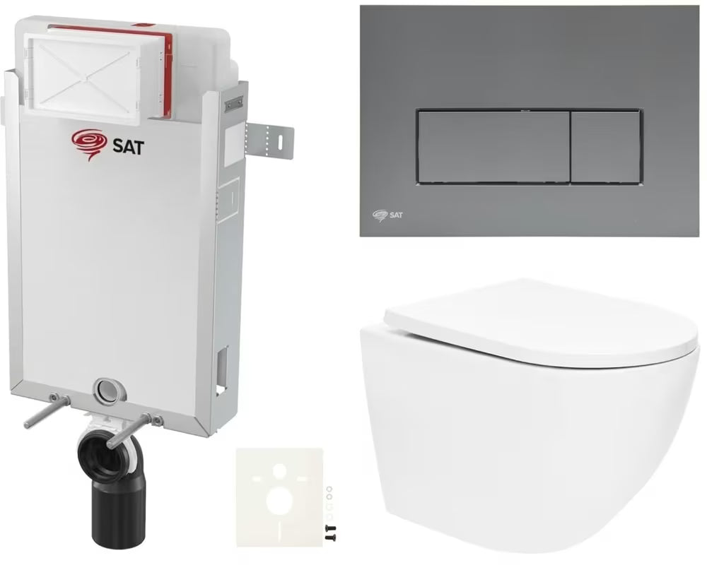 Viseči WC set SAT Fusion z vrtinčnim splakovanjem in tipko za splakovanje v barvi gun metal mat.