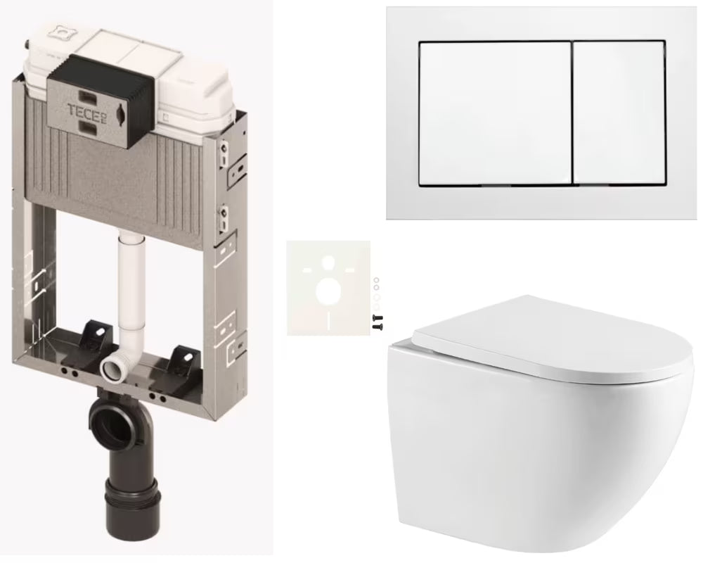 Viseči WC set SAT za vgradnjo z modulom in splakovalnikom TECE, belim tipkalom TECE base ter sedežem mehko Zapiranje Soft Close.