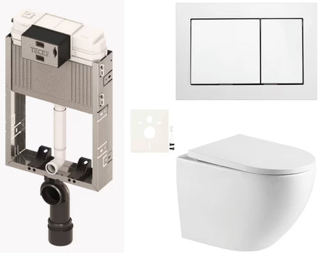Viseči WC set SAT za vgradnjo z modulom in splakovalnikom TECE, belim tipkalom TECE base ter sedežem mehko Zapiranje Soft Close.