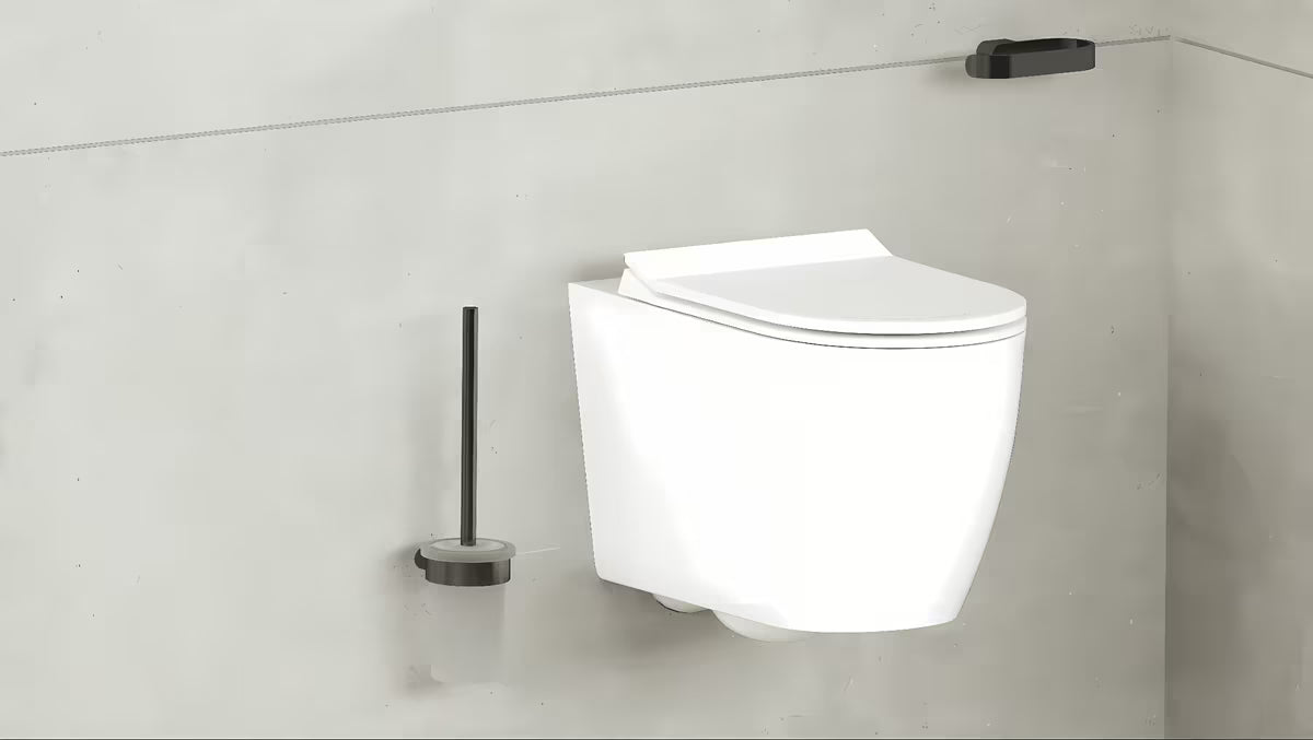 Stenska WC ščetka SAT Simply R v izvedbi PVD Gun Metal s posodico iz matiranega stekla.